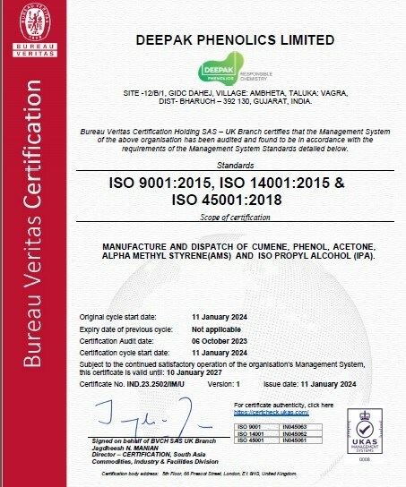 Deepak Phenolics Limited (DPL) is now accredited as an ISO Certified Company