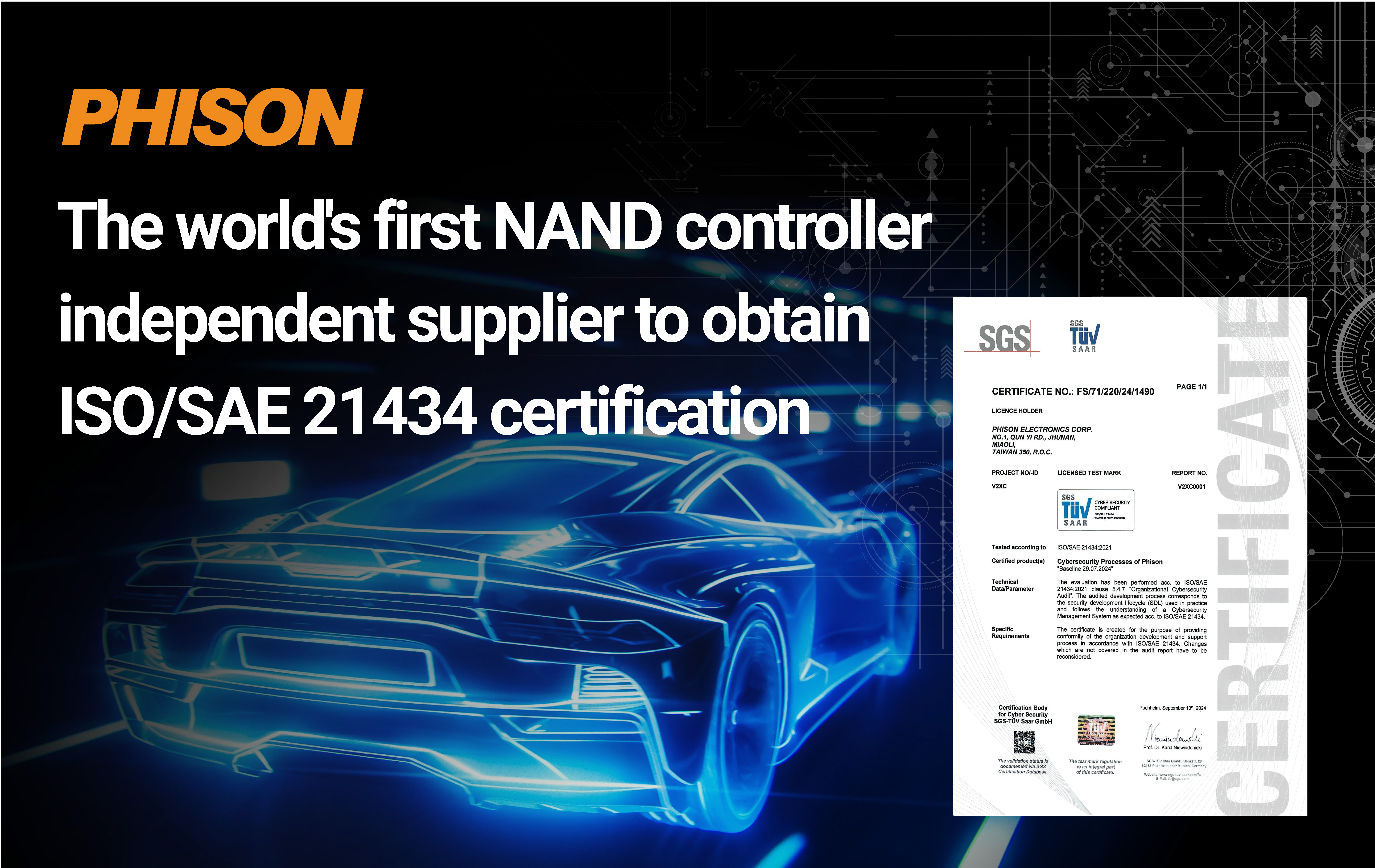 Phison Becomes the World’s First NAND Controller Independent Supplier to Achieve ISO/SAE 21434 Certification